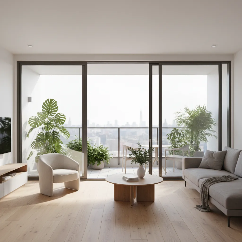 floor to ceiling UPVC balcony windows connecting living room and balcony