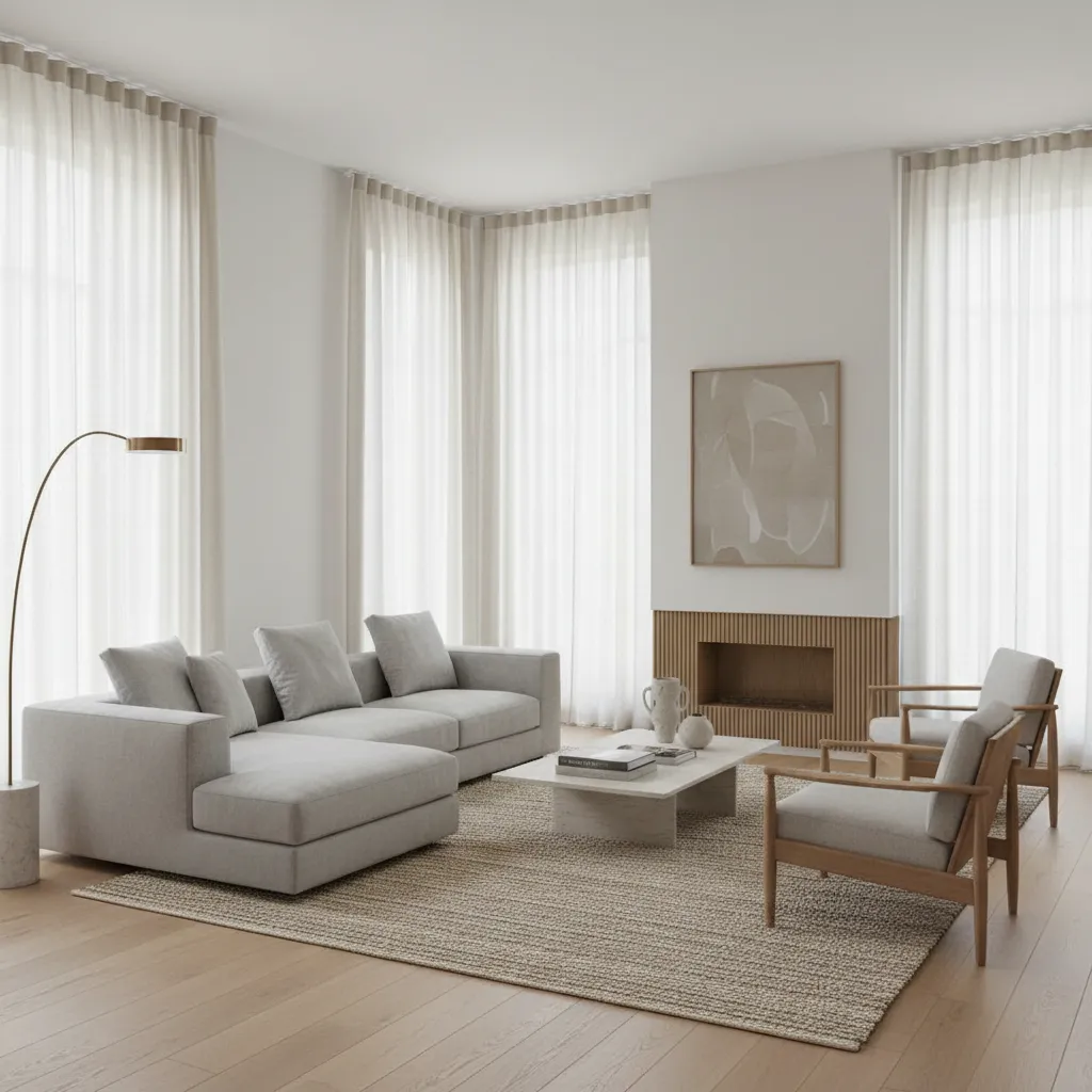 High ceiling living room with floor to ceiling curtains and large windows