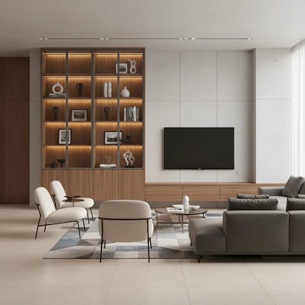 Floor to ceiling wooden showcase with glass shelves in living room