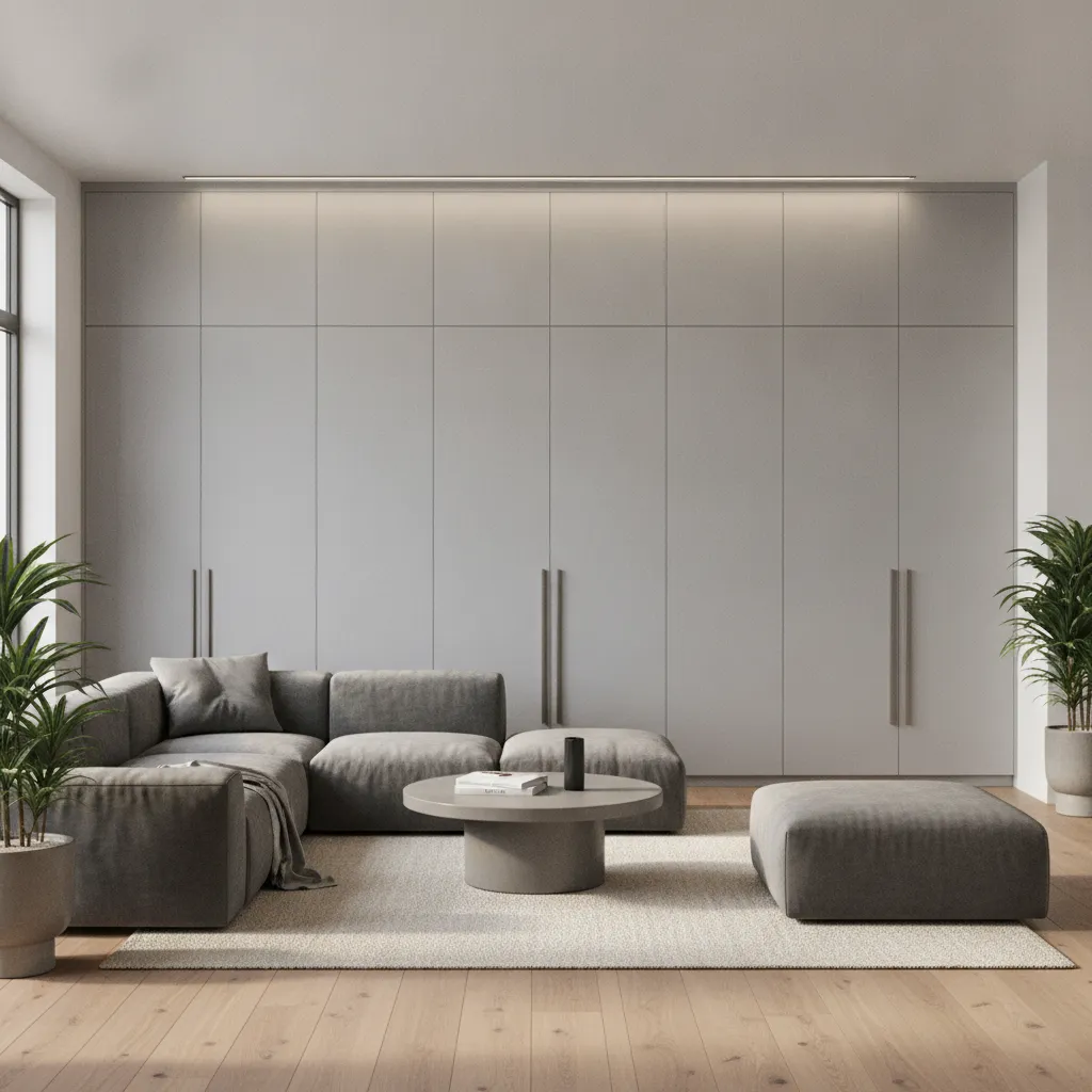 floor to ceiling cupboard storage wall in modern living room hall
