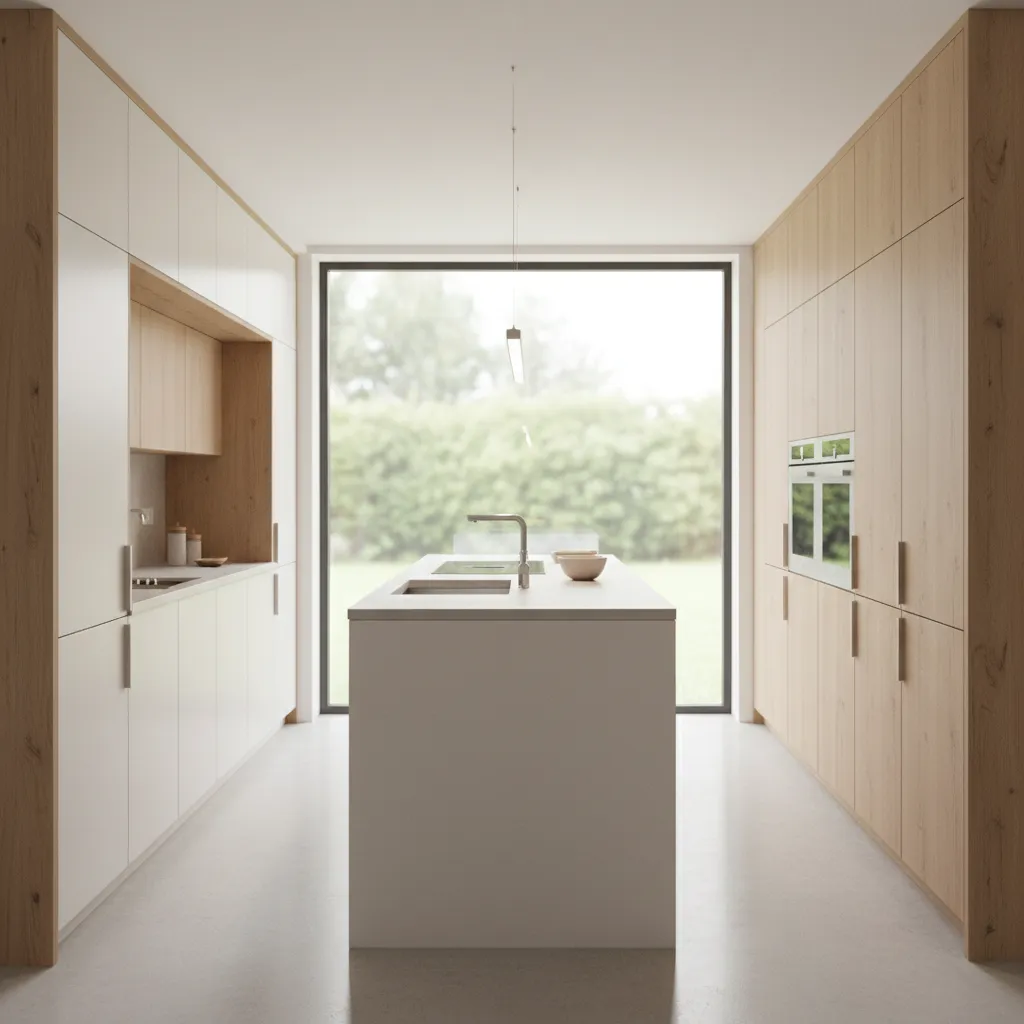Small kitchen with floor to ceiling cabinets creating a spacious look