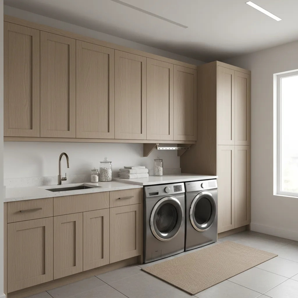 Laundry room wall with floor to ceiling storage cabinets