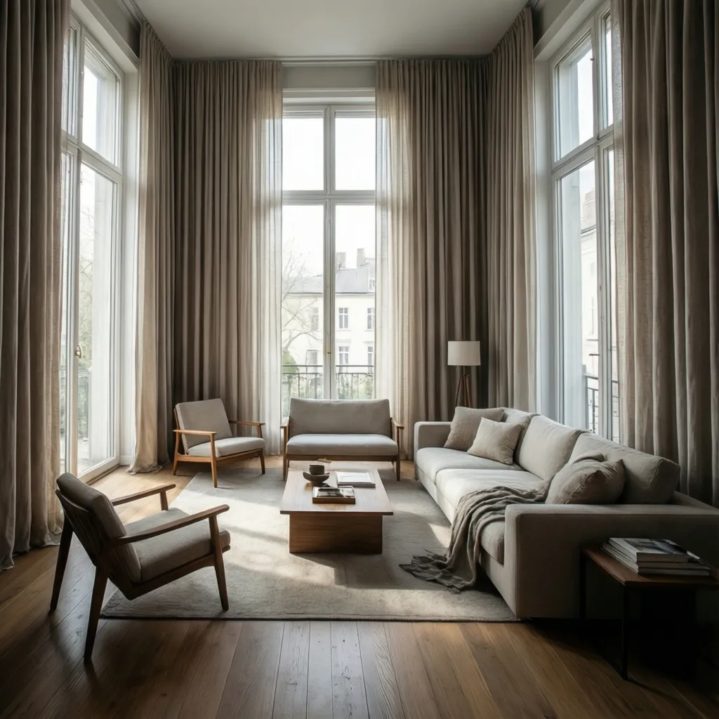 Living room with tall windows and floor length curtains mounted near the ceiling