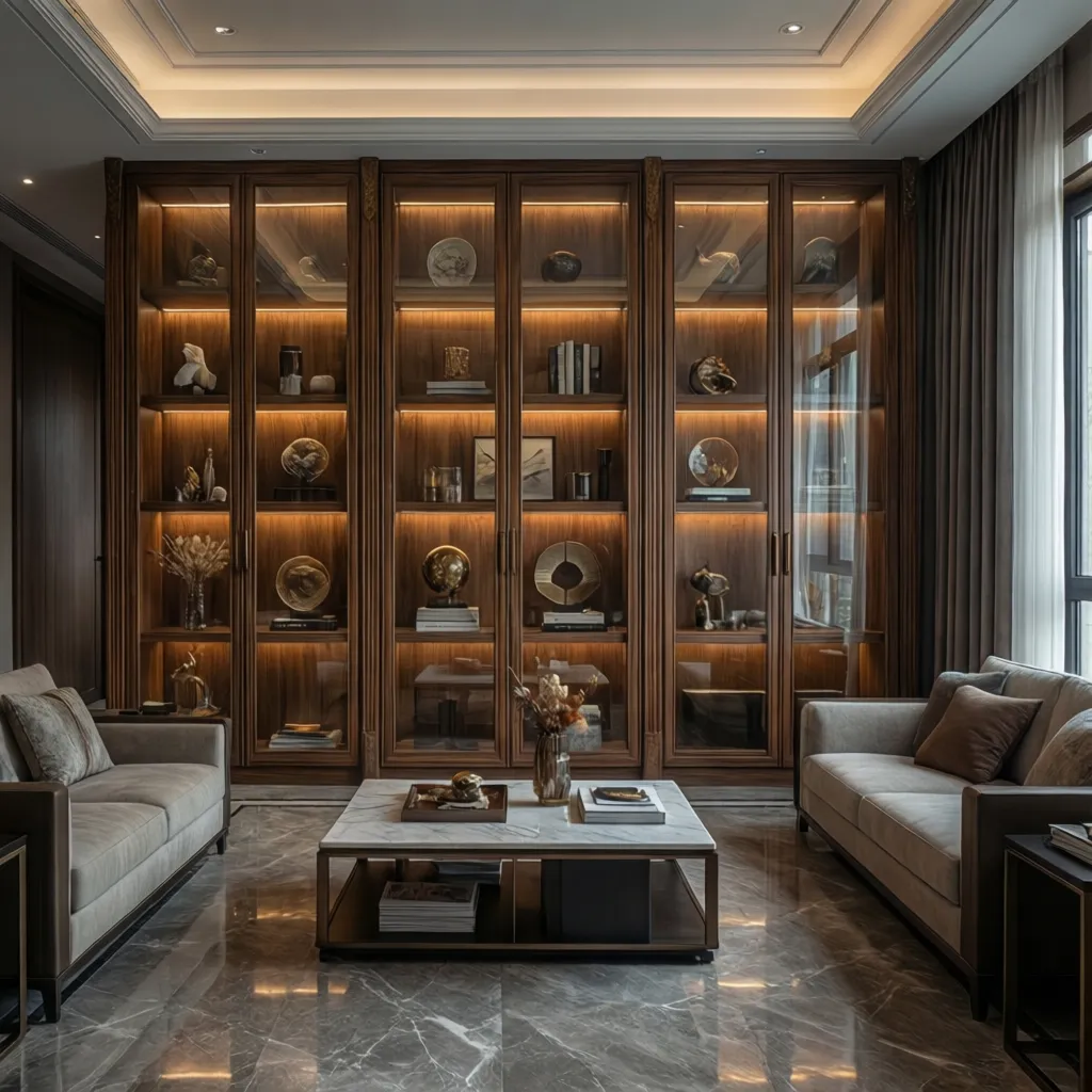 floor to ceiling wooden showcase cabinet in spacious living room