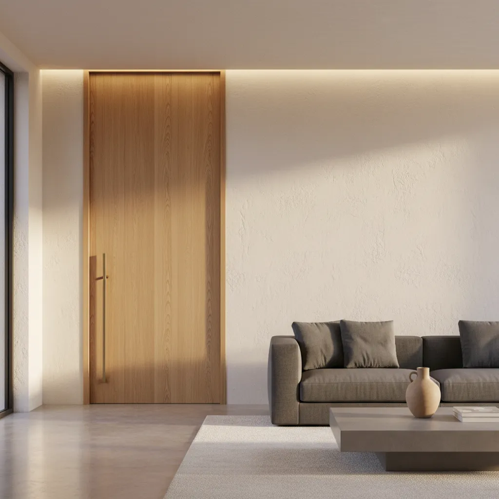 Puerta interior moderna de suelo a techo en un salón contemporáneo