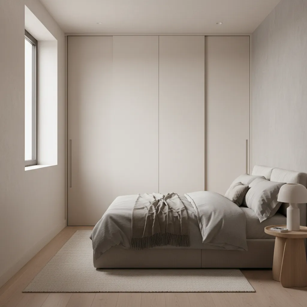 floor to ceiling sliding wardrobe in a narrow bedroom