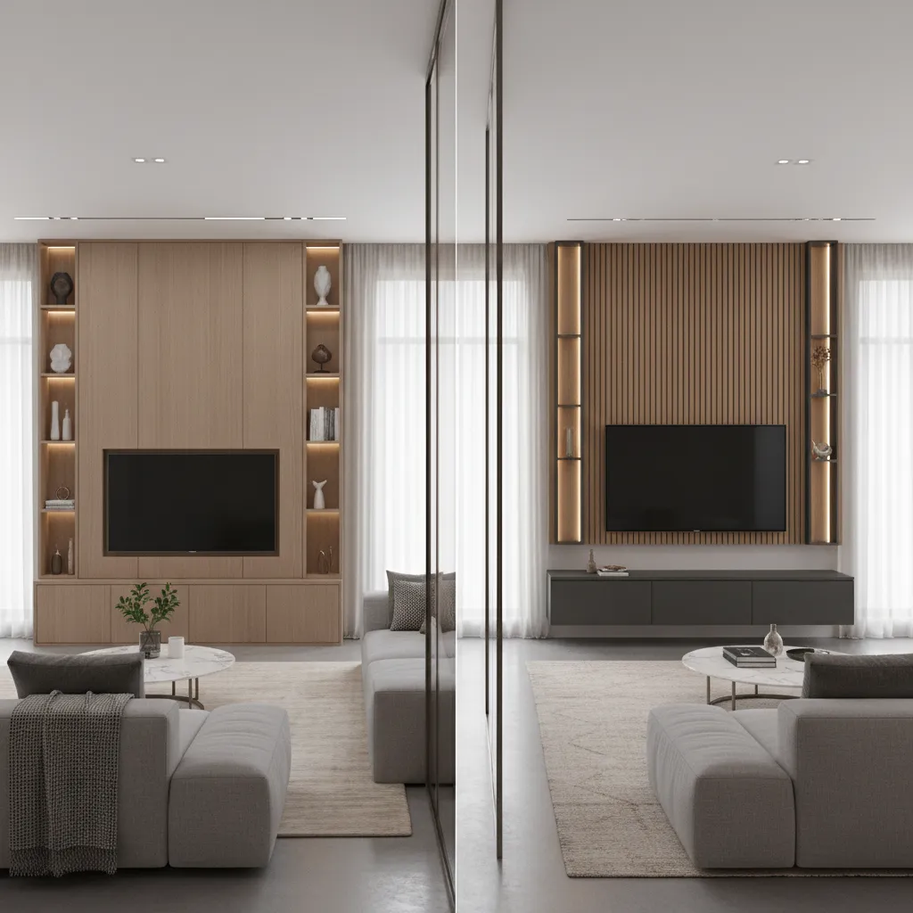 Floor to ceiling wood TV cabinet versus wood wall panel with floating cabinet design comparison
