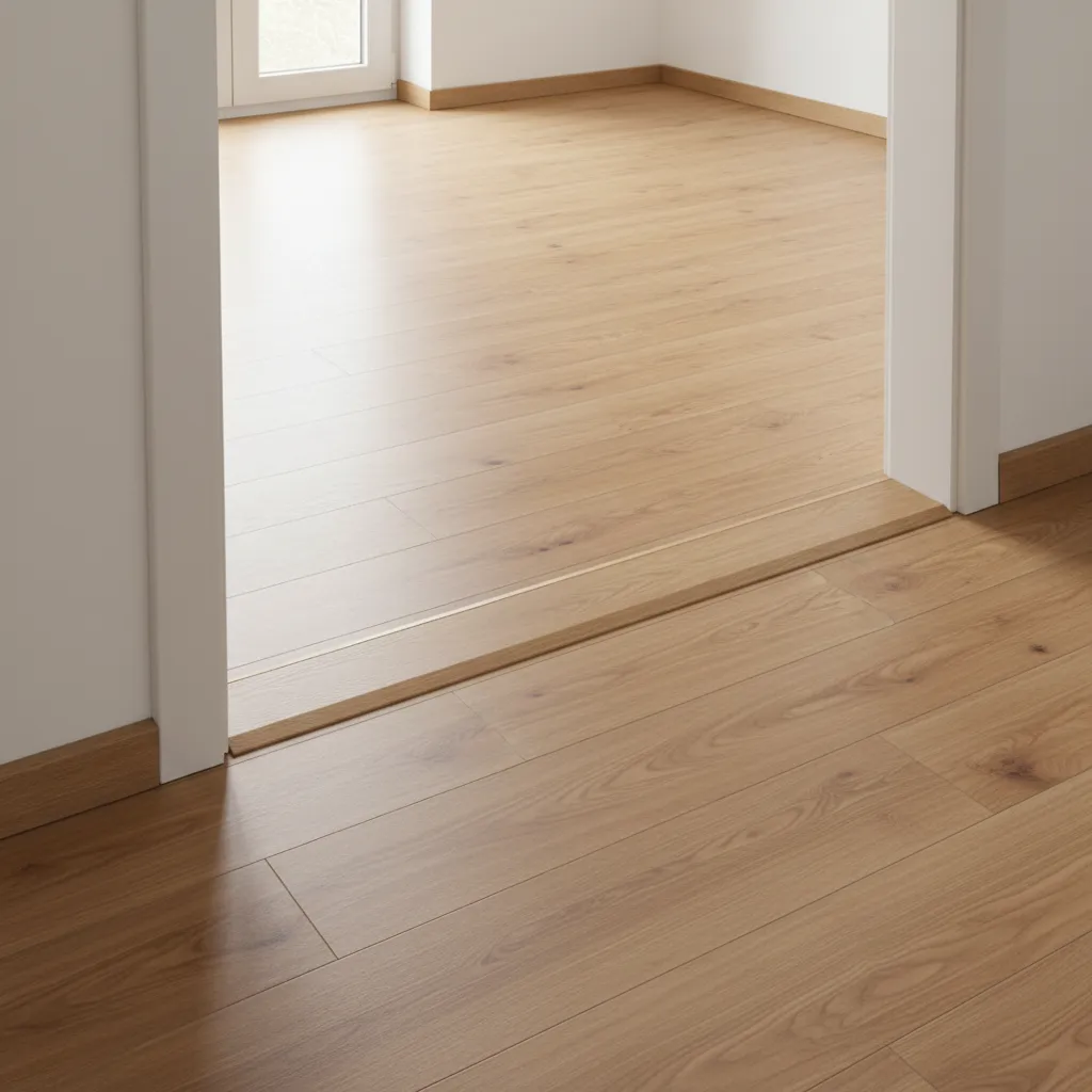 T molding transition joint installed between two sections of laminate flooring in an L shaped room