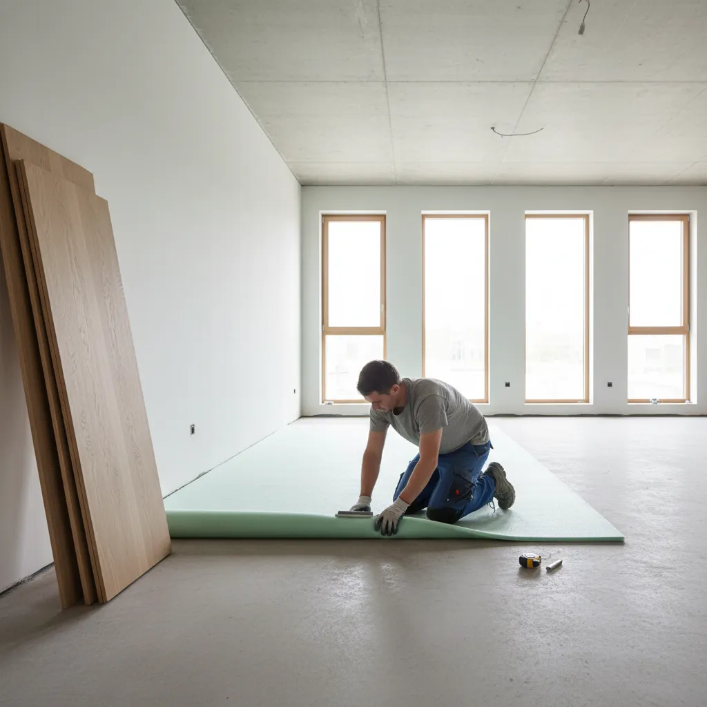 foam underlayment roll being installed over concrete slab before hardwood flooring