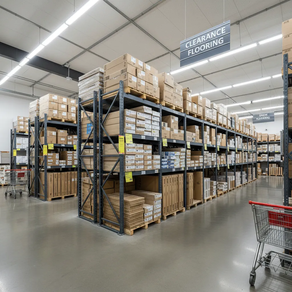 clearance flooring section with discounted tile boxes stacked in store