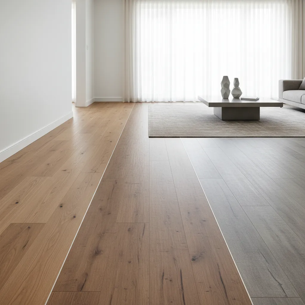 comparison of hardwood laminate and vinyl flooring materials in interior space