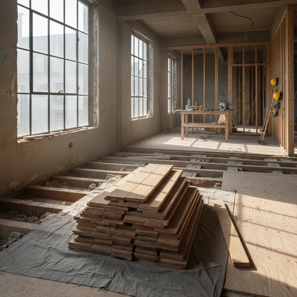 Room during flooring demolition with removed boards and exposed structure