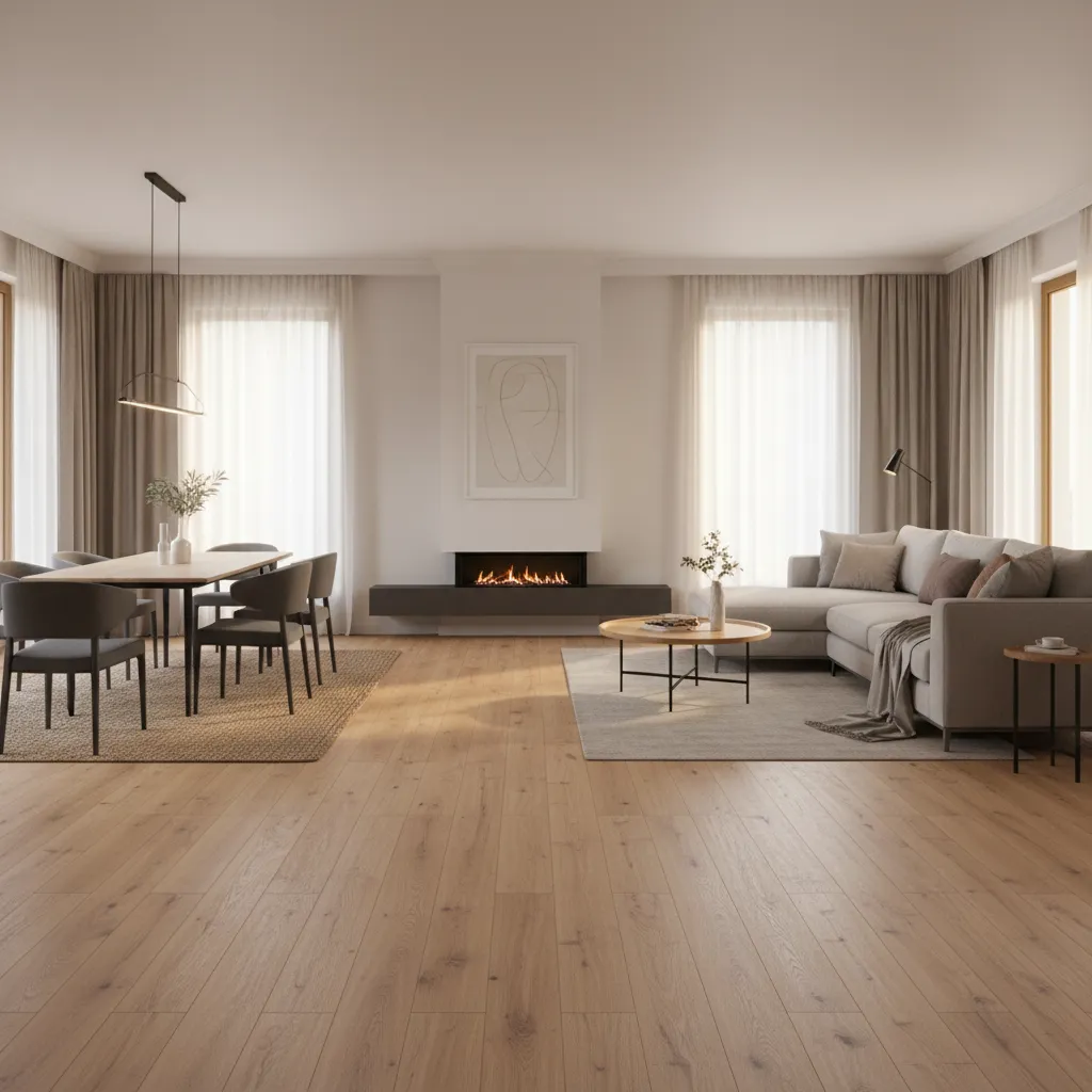 Open plan home showing consistent laminate flooring direction across living and dining areas