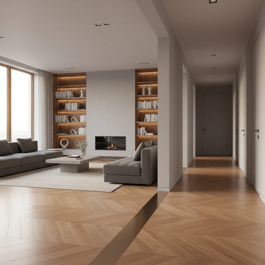 Hardwood flooring changing direction between connected living spaces