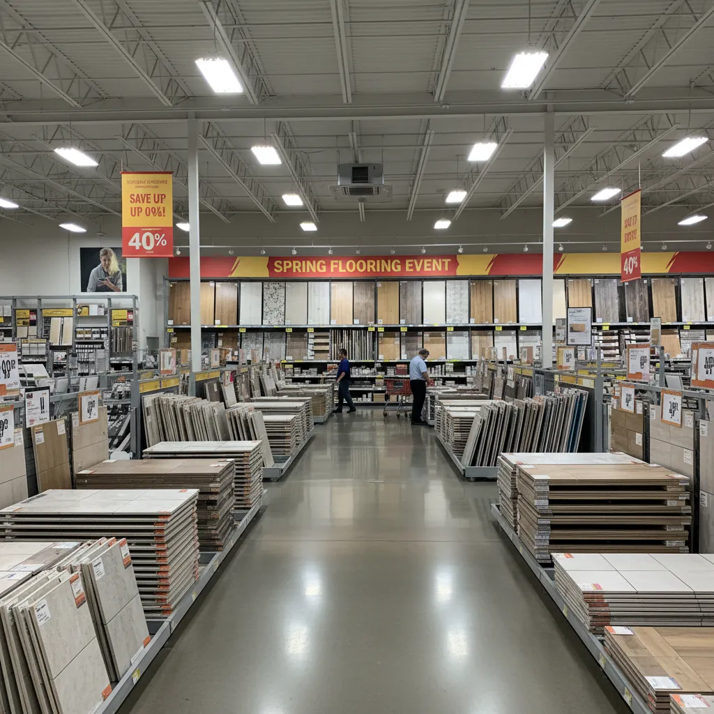 home improvement store flooring section with seasonal promotion displays