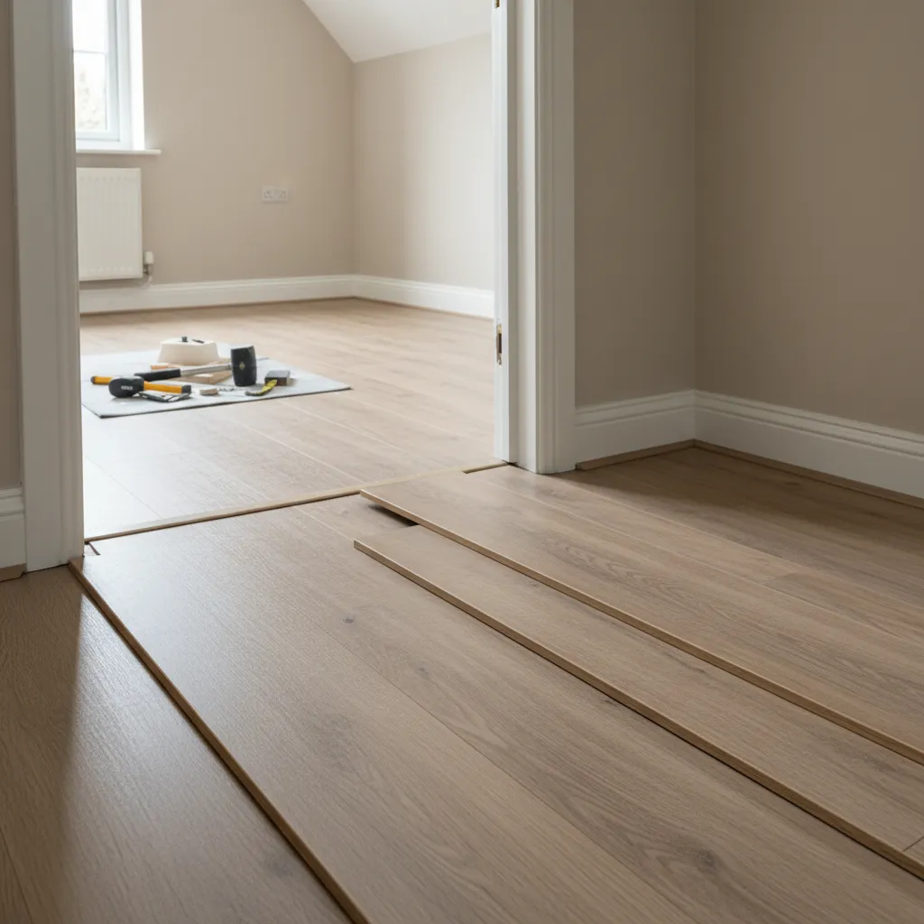 Laminate flooring installation through doorway with angled wall transition