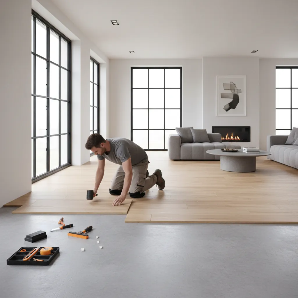 contractor installing vinyl plank flooring in modern living room