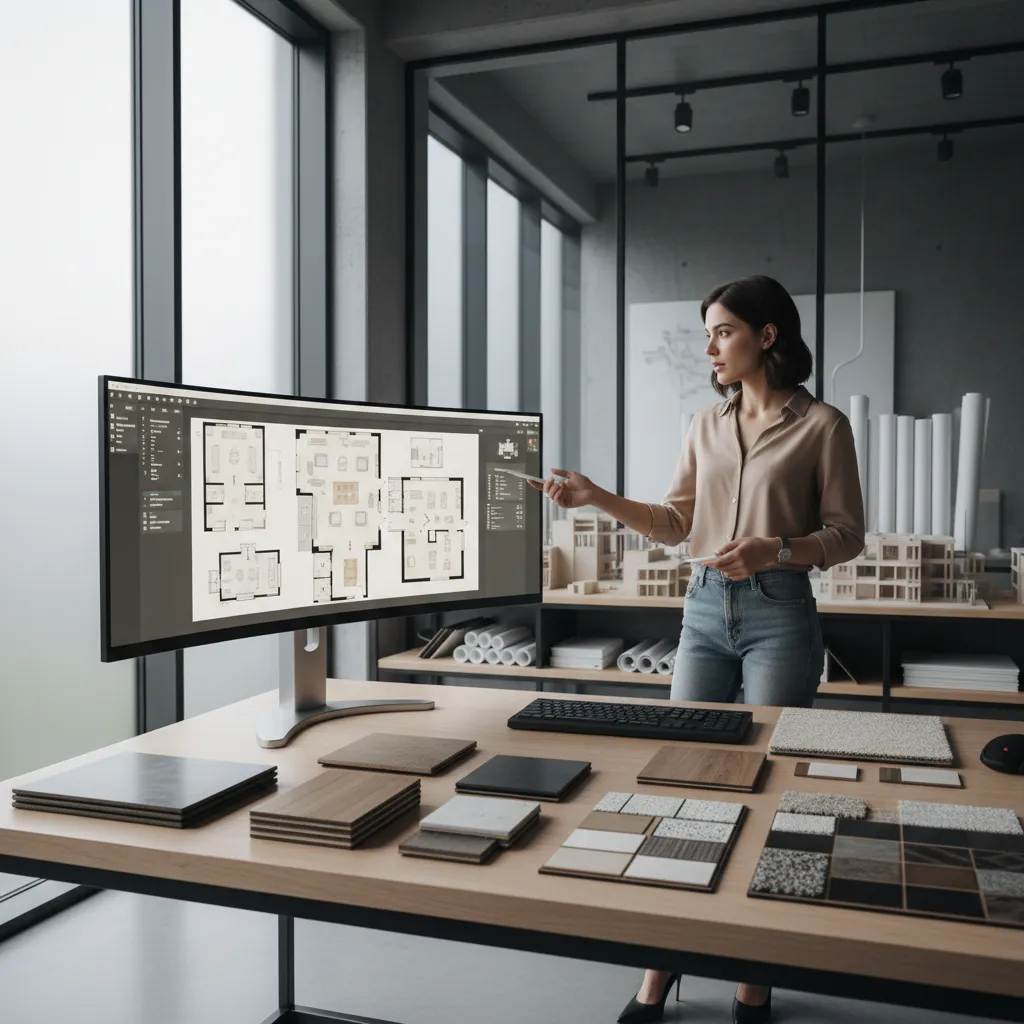 Interior designer reviewing flooring layout plans on a digital screen