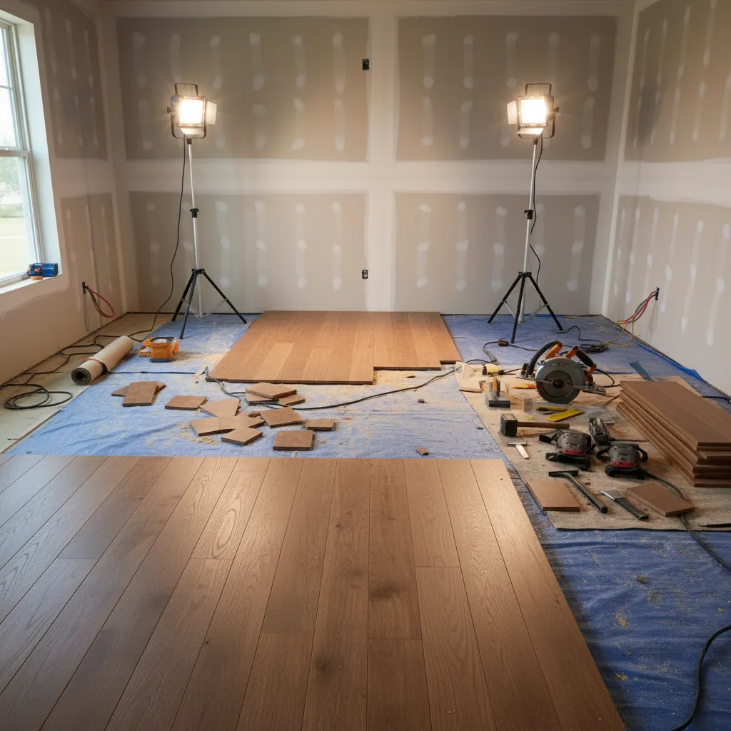 Flooring installation showing cut planks and material waste during renovation