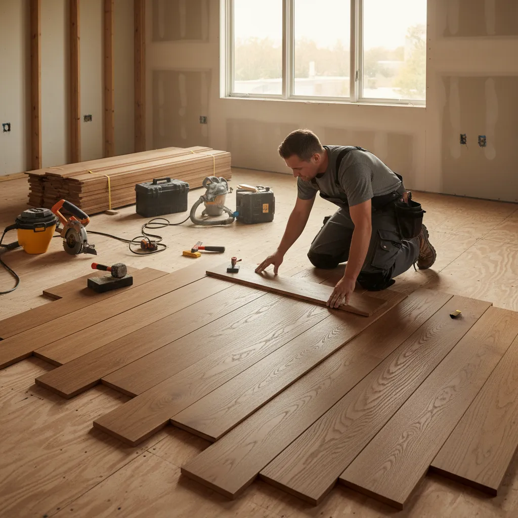 contractor installing hardwood planks with staggered layout pattern
