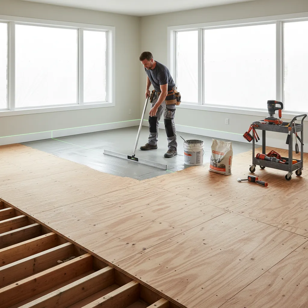 Contractor leveling subfloor before flooring installation