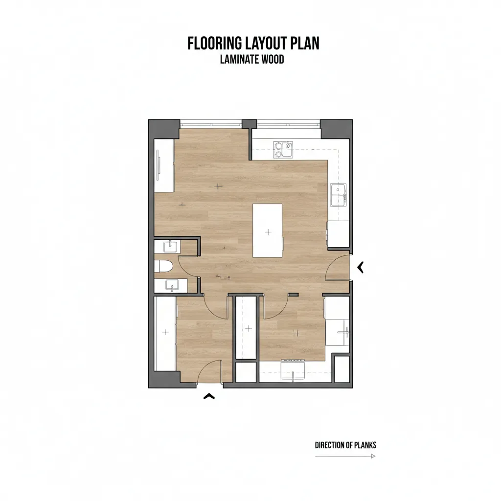 floor plan layout showing laminate flooring installation measurements across connected rooms