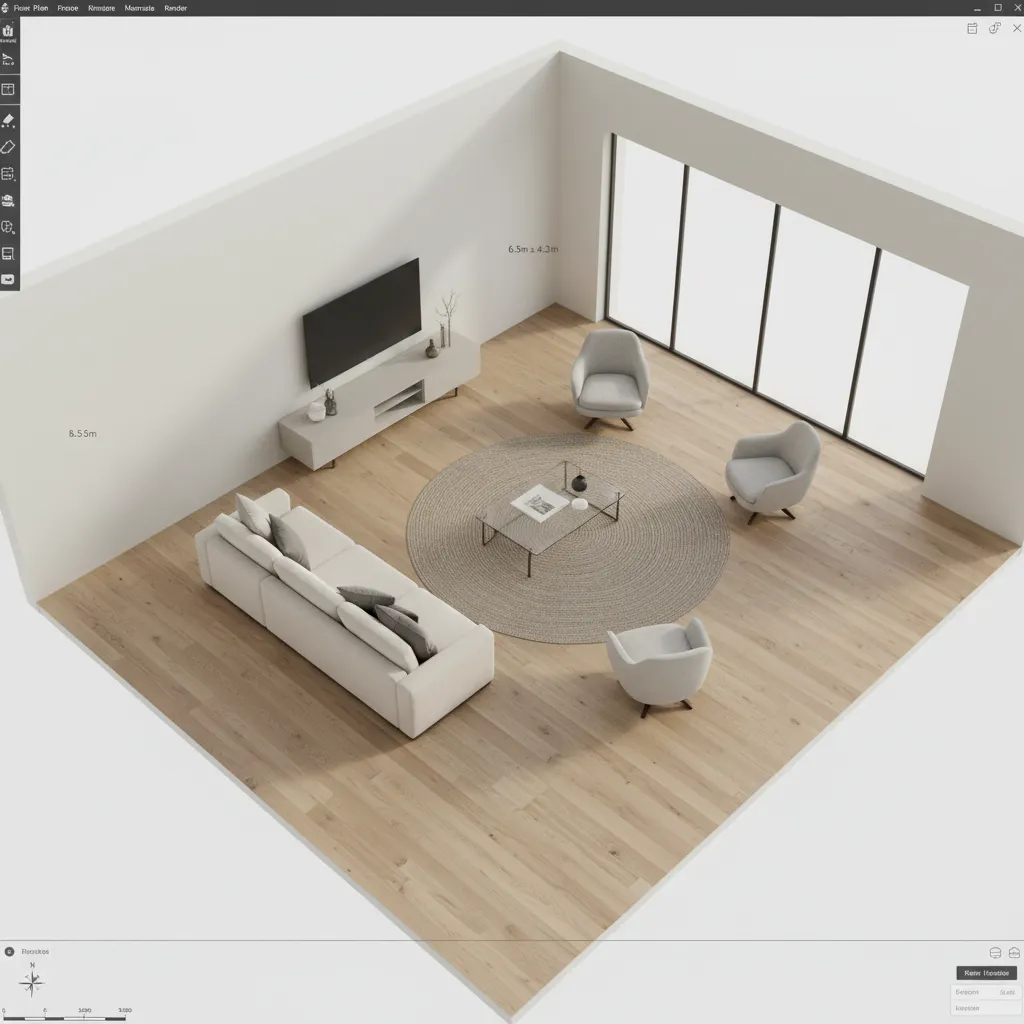 3D room visualization showing wood flooring layout planning
