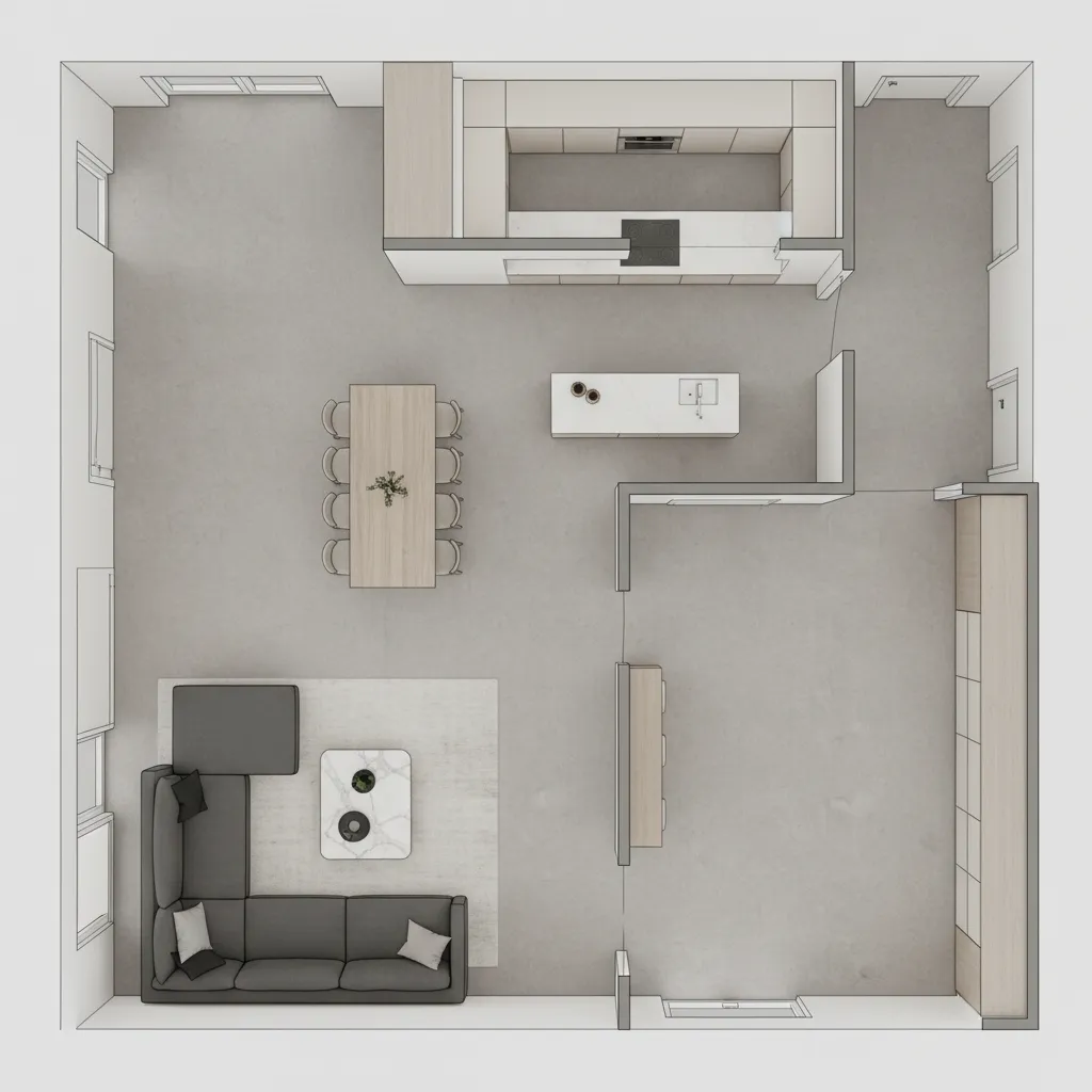 floor plan visualization showing continuous flooring layout across rooms