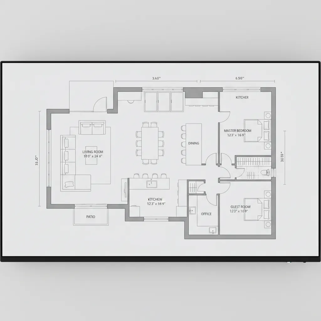 Digital floor plan layout with measurements for flooring installation