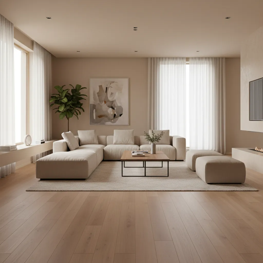 3D rendered living room showing wood flooring layout and furniture arrangement from design software