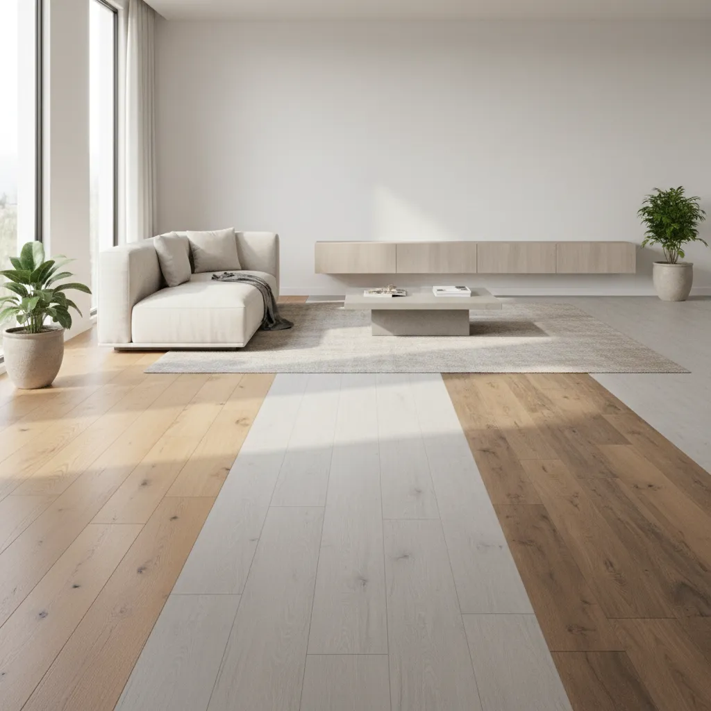 Interior scene showing laminate hardwood and vinyl flooring materials side by side