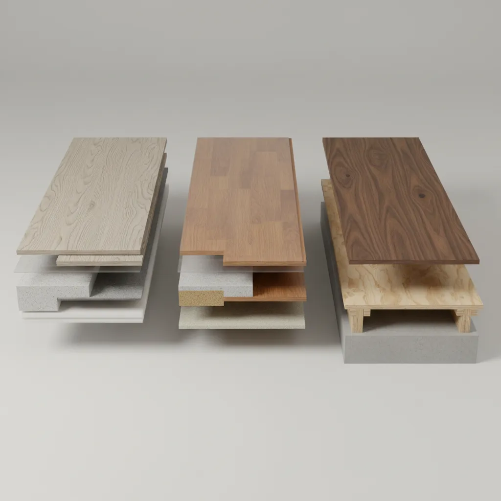 Cross section comparison of vinyl plank laminate and hardwood flooring layers