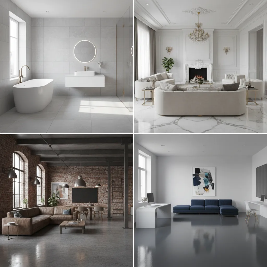 different rooms showing tile marble concrete and epoxy flooring examples