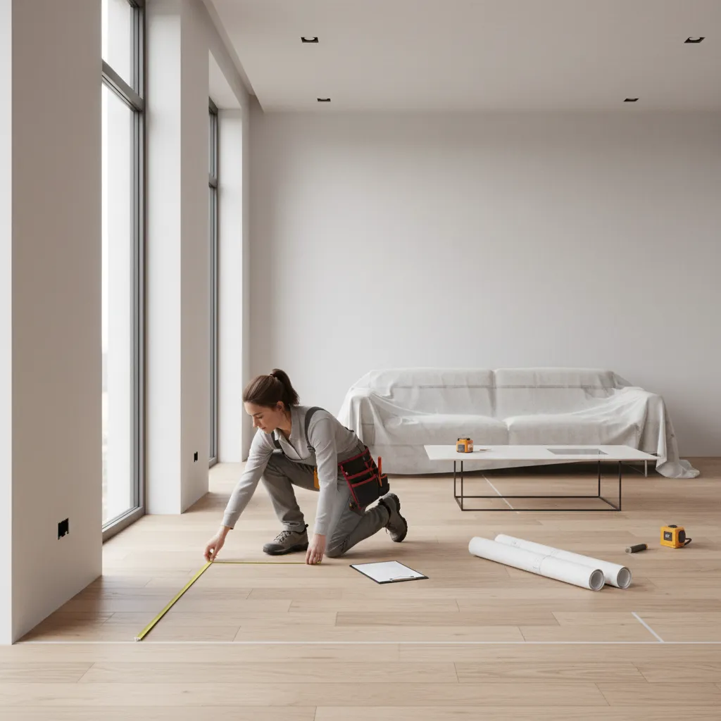 Interior designer measuring living room floor before ordering flooring materials
