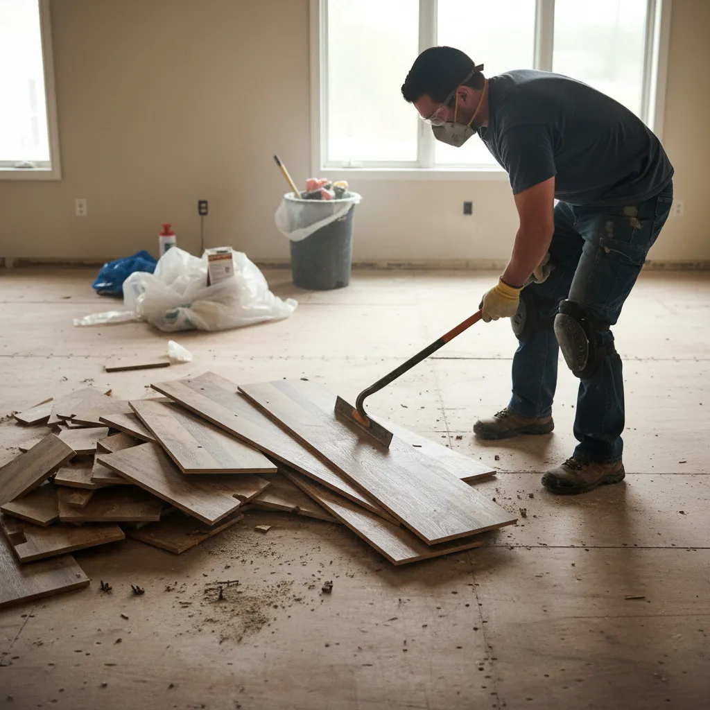 Contractor removing old flooring during renovation demolition