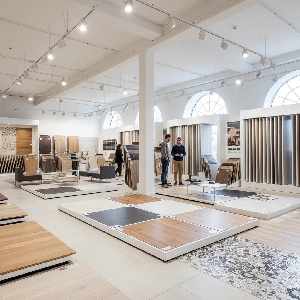 Flooring showroom with wood and tile samples during promotional sale