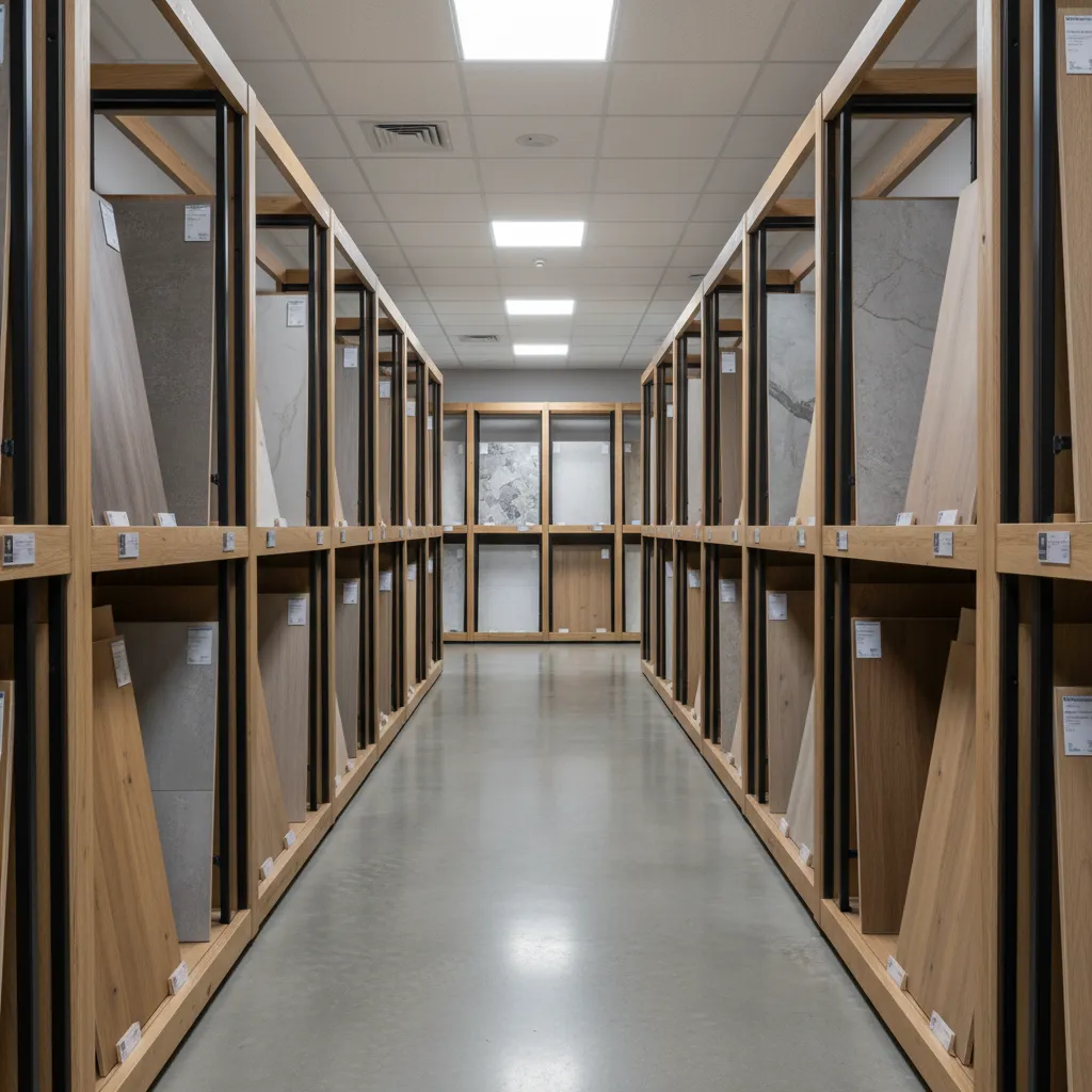 organized flooring showroom with tile and hardwood display racks