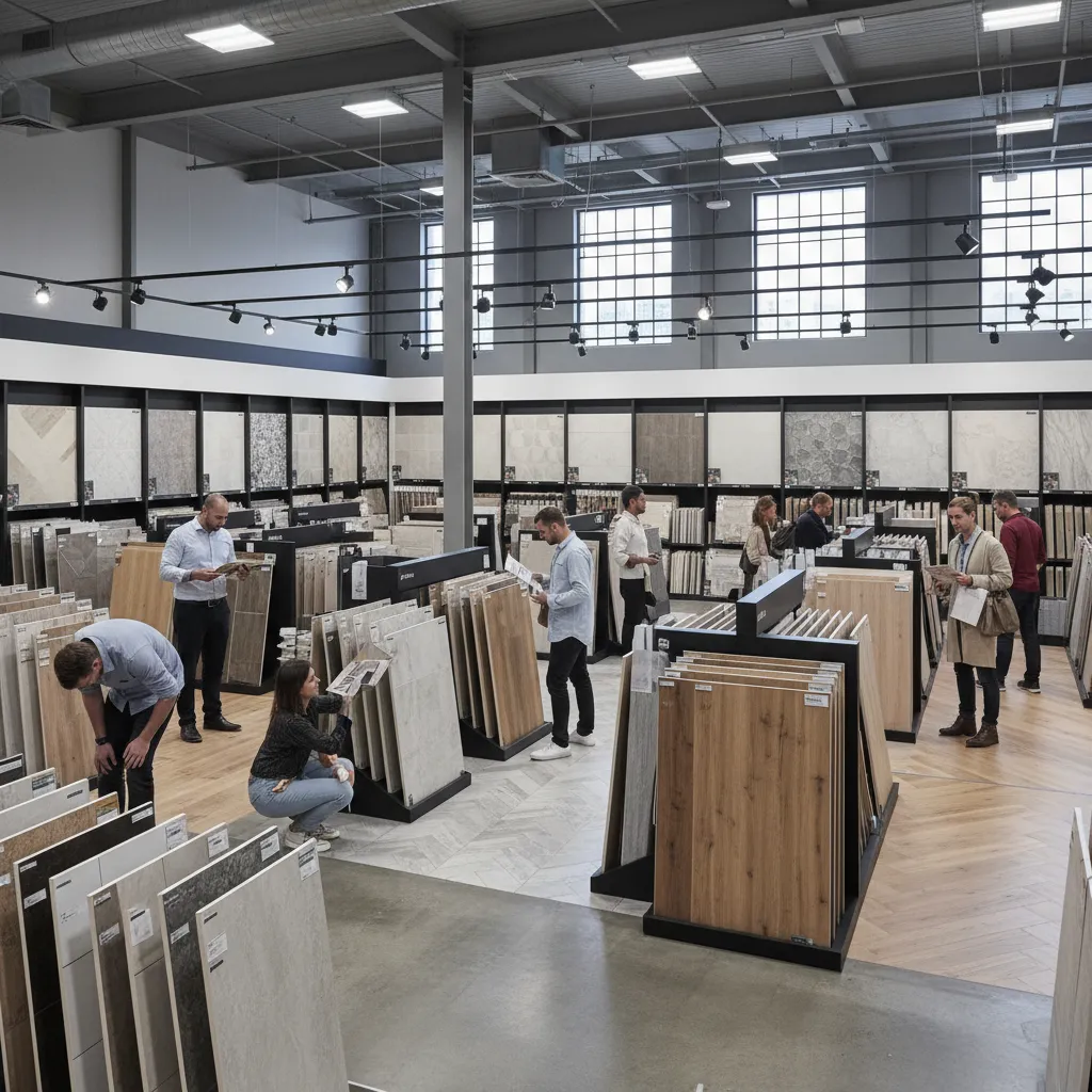 Homeowners browsing tile and wood flooring samples in a large showroom