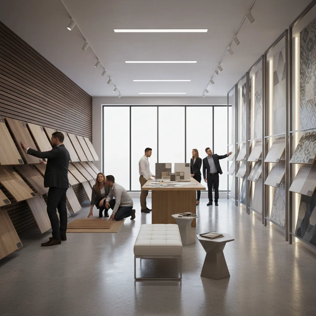 customer choosing flooring materials inside a retail flooring showroom