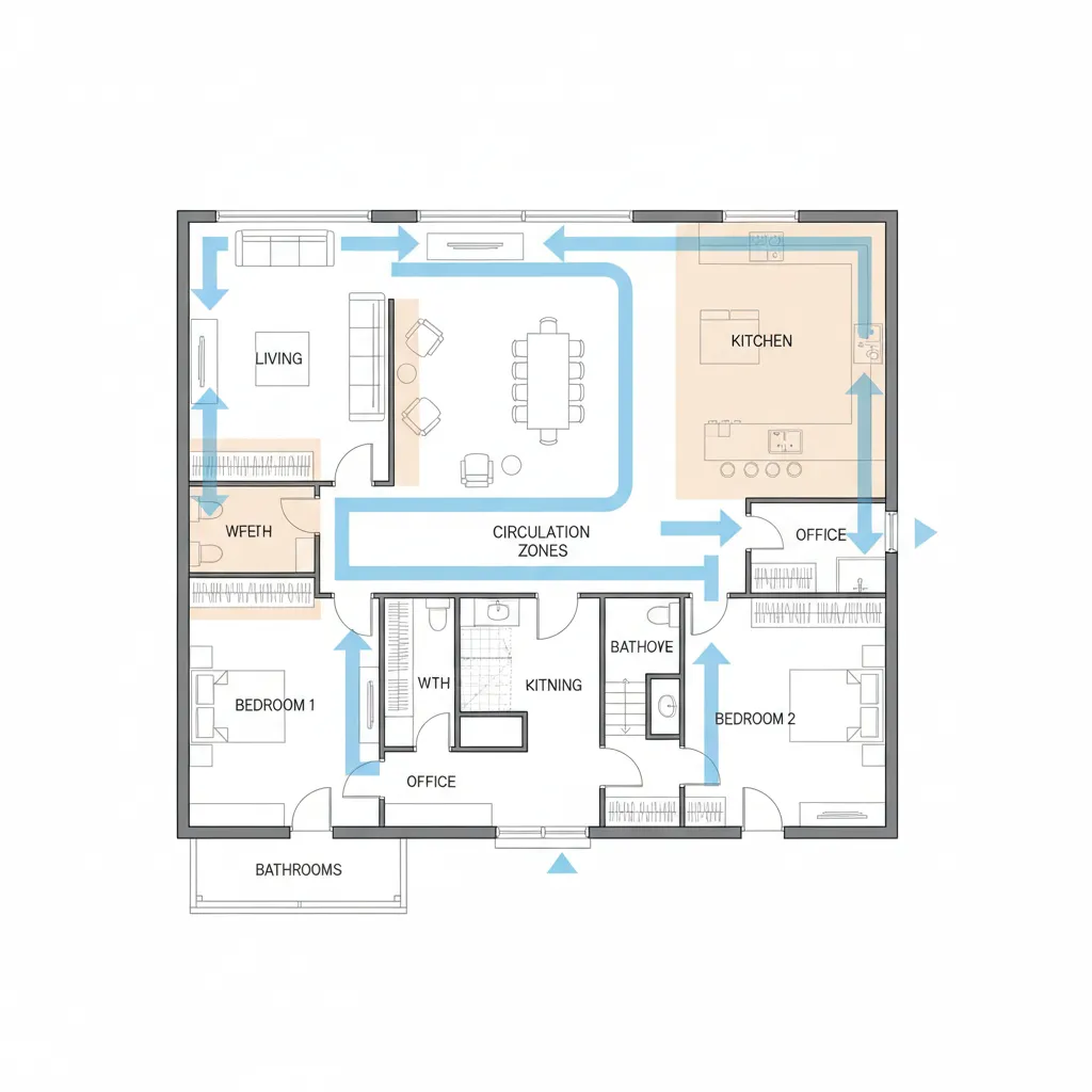 floor plan diagram highlighting walkway and circulation space in a home