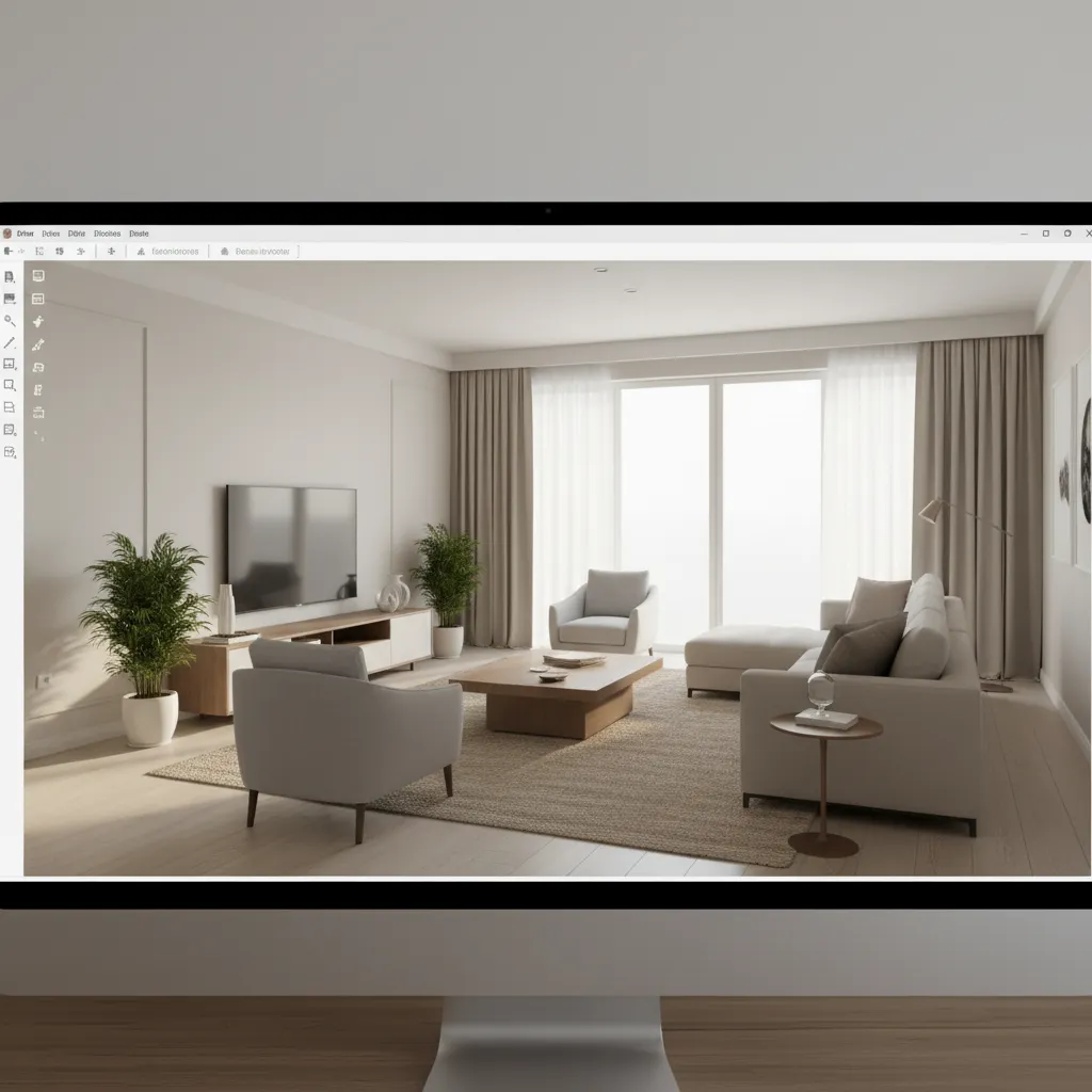 Floorplanner interface showing a 3D interior room design view