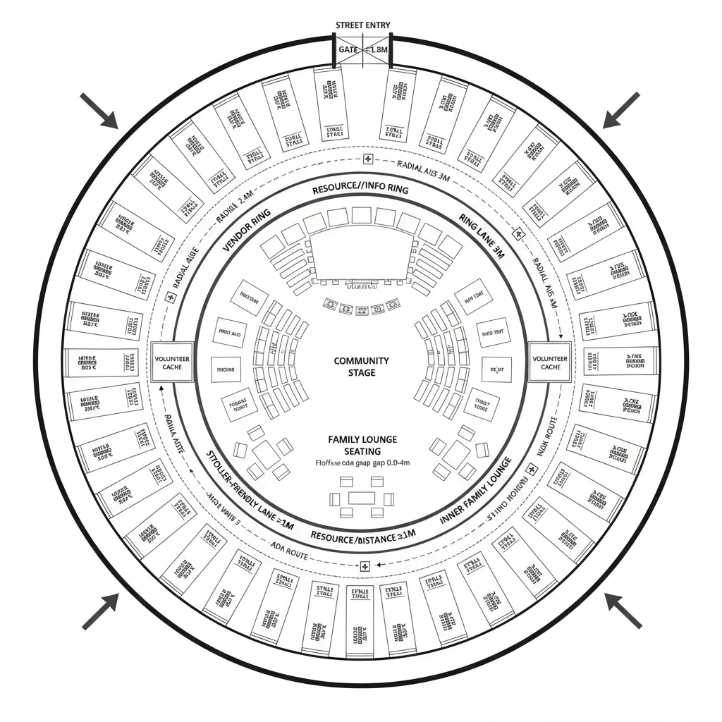 Concentric ring plan for community fair with vendors, stage, and resources