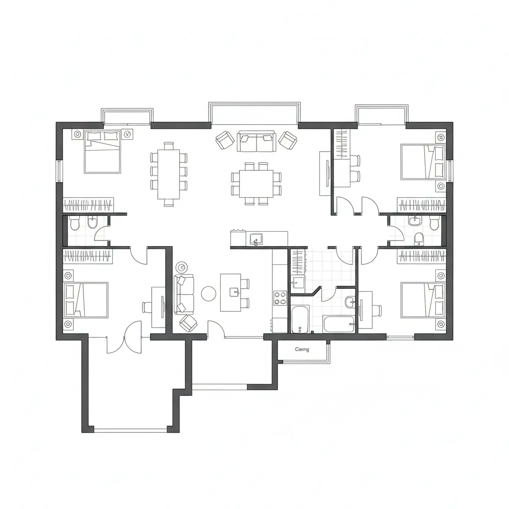 Detailed digital house floor plan layout with labeled rooms and furniture arrangement