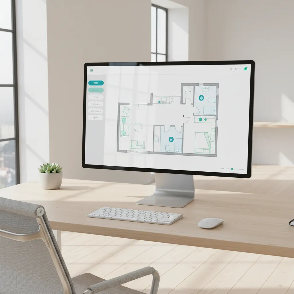 Online floor planner interface showing a simple home layout in 2D and 3D