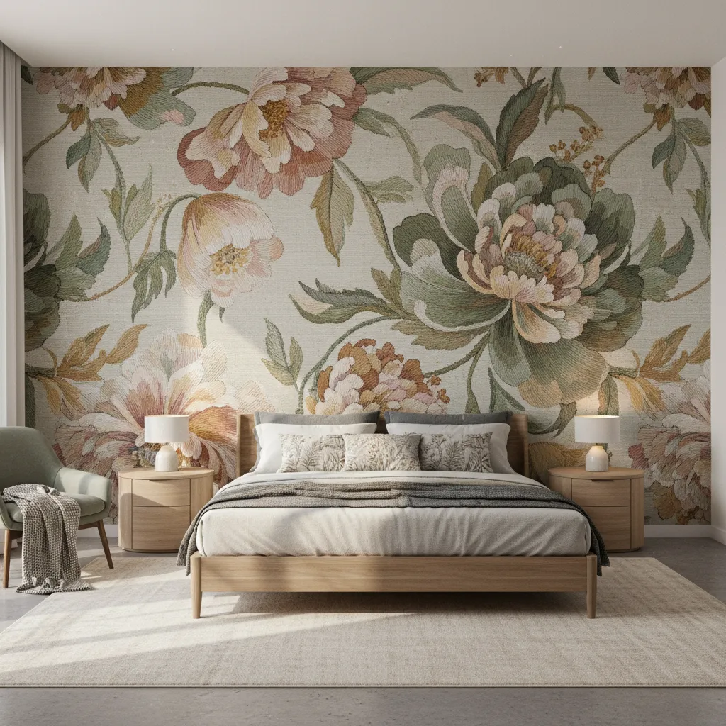 bedroom accent wall with large floral fabric style painted mural