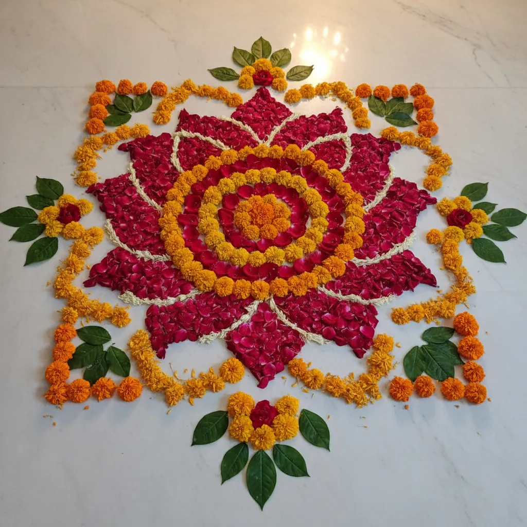 floral rangoli design for Indian baby shower decoration at home