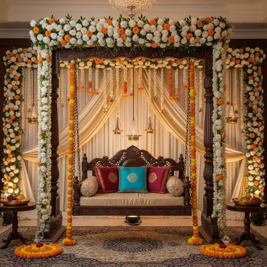 decorated floral swing used for Indian baby shower ceremony