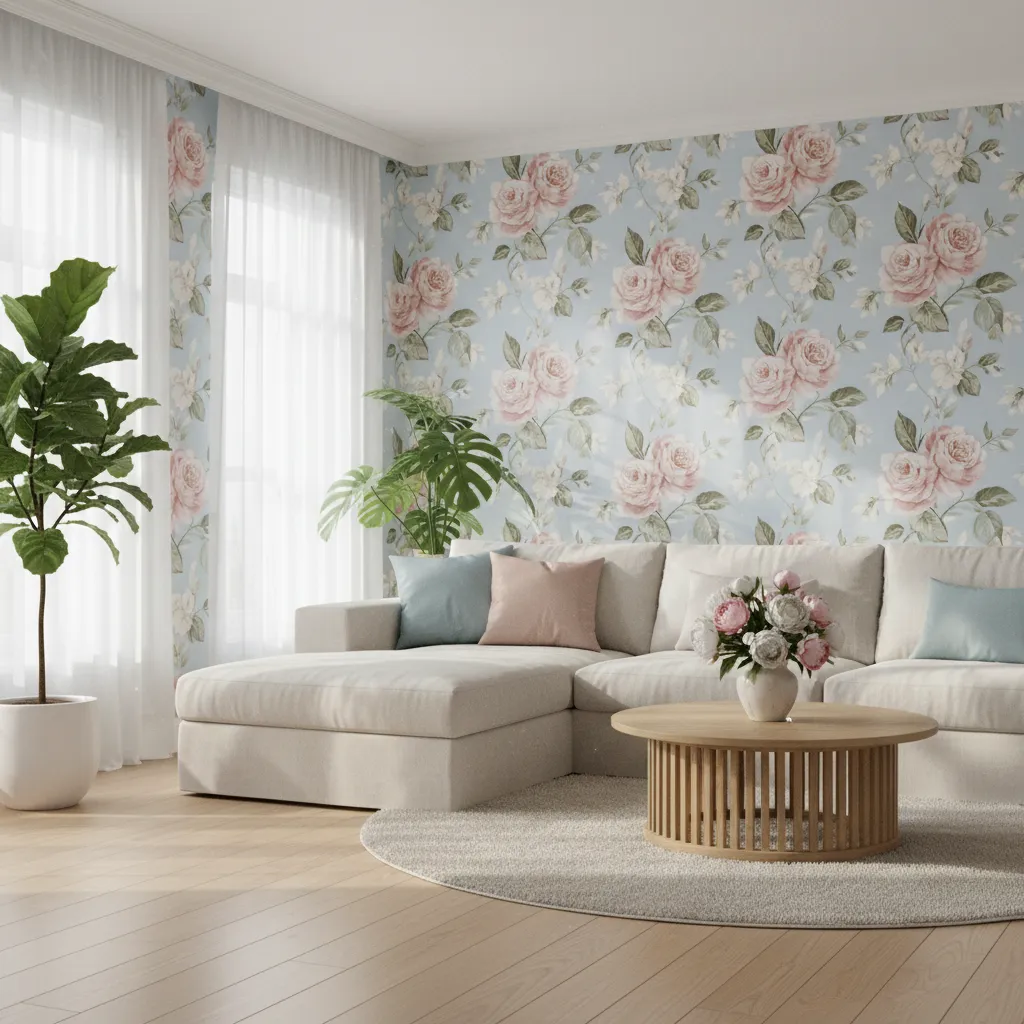 Bright living room interior with floral wallpaper and soft natural decor