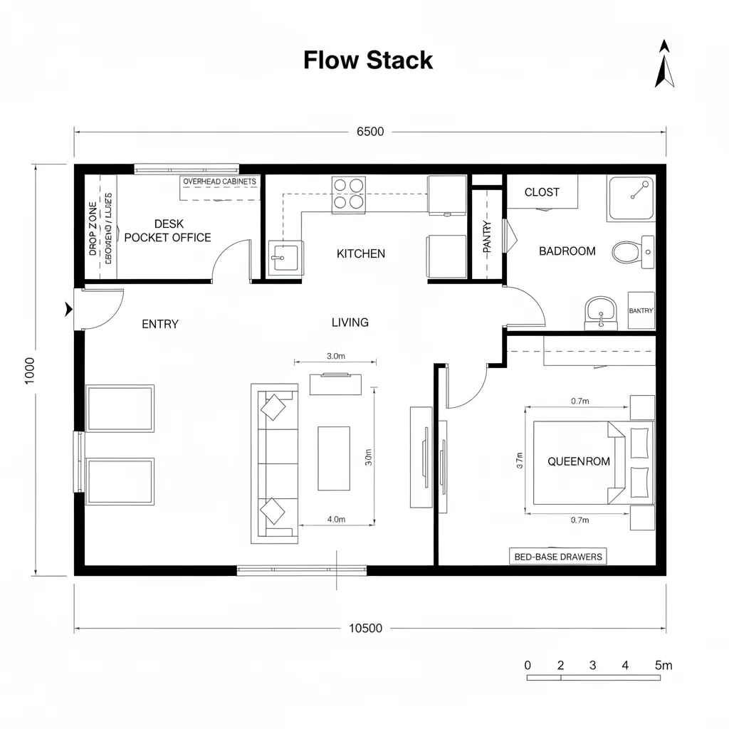 Detailed floor plan showing living room kitchen bedroom bathroom office area and various labeled furniture items