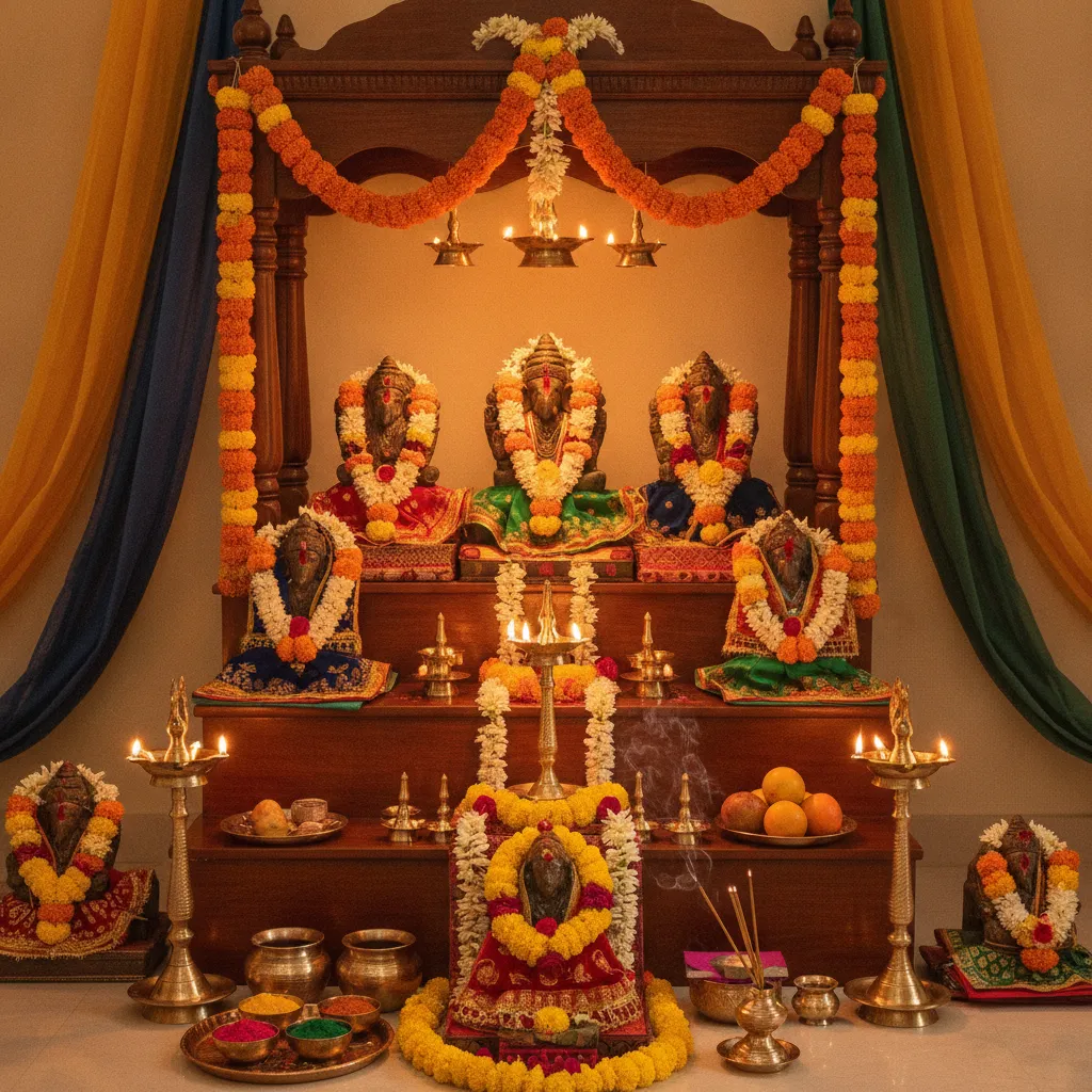 Pooja altar decorated with marigold and jasmine flowers